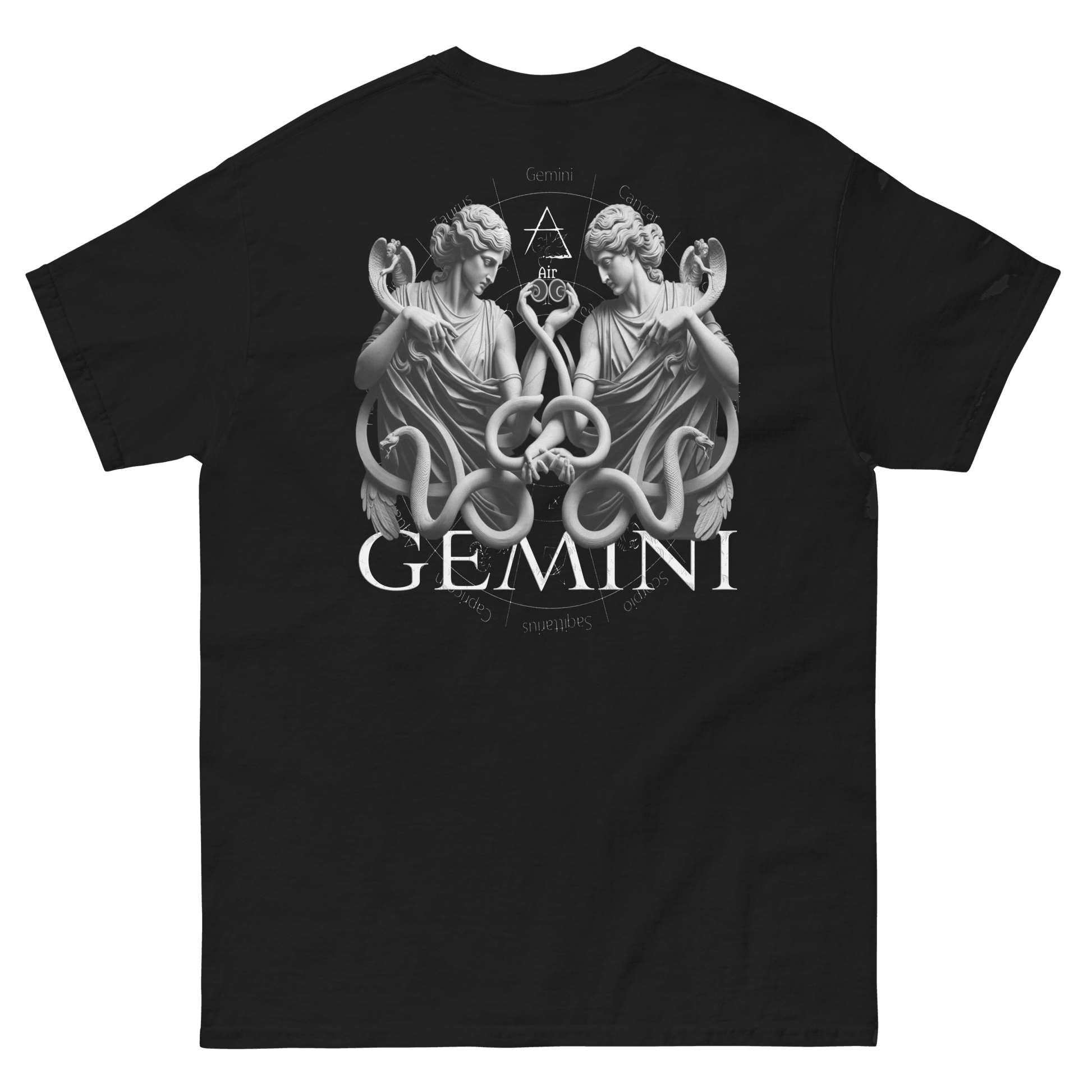 Black men's T-shirt with a detailed Gemini twins graphic on the back, featuring intricate serpentine shapes and zodiac elements.