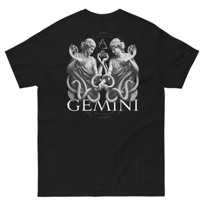 Black men's T-shirt with a detailed Gemini twins graphic on the back, featuring intricate serpentine shapes and zodiac elements.