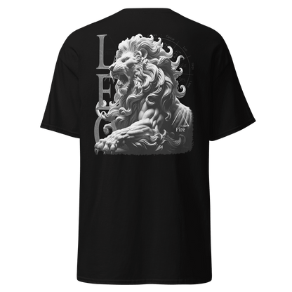 Back view of men's classic tee with intricate Leo zodiac lion graphic in black