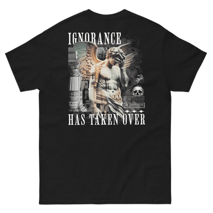 Back view of Deadpan Couture Men's Classic Tee featuring a distressed angel graphic with the text 'Ignorance Has Taken Over.