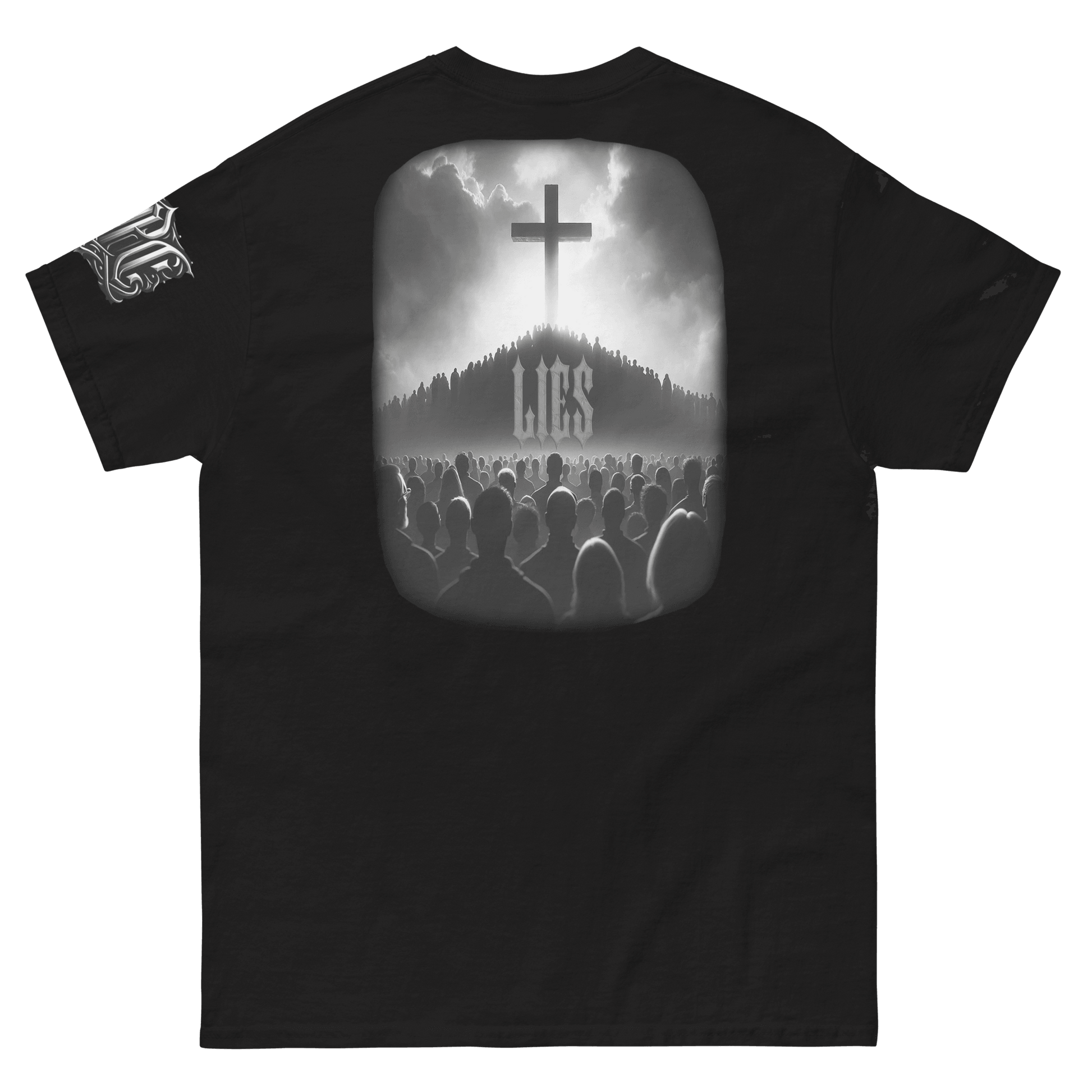 Deadpan Couture black t-shirt featuring a graphic of a crowd under a cross with the word 'Lies' in gothic lettering, perfect for edgy streetwear fashion.