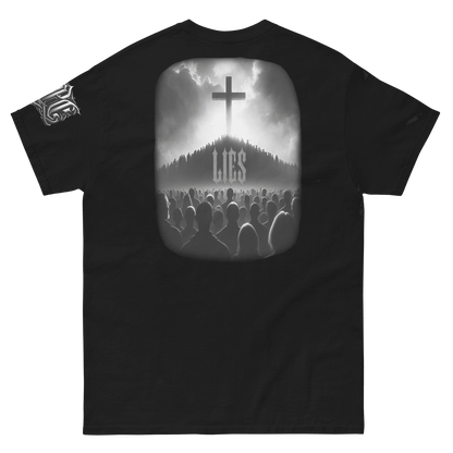 Deadpan Couture black t-shirt featuring a graphic of a crowd under a cross with the word 'Lies' in gothic lettering, perfect for edgy streetwear fashion.