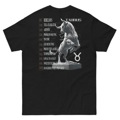 Back view of a black t-shirt with a detailed Taurus bull graphic and descriptive traits.