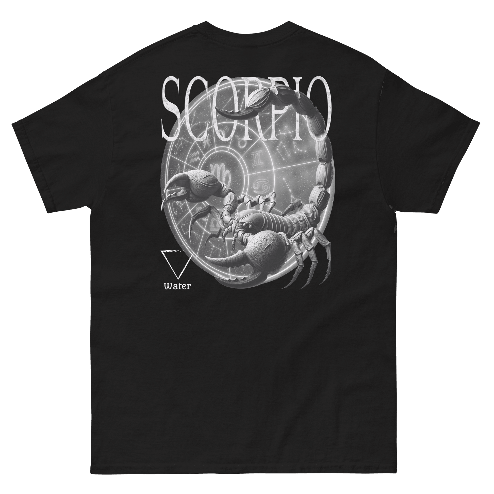 unisex t-shirt featuring a large scorpion graphic with astrological symbols on the back and a smaller scorpion emblem on the front.