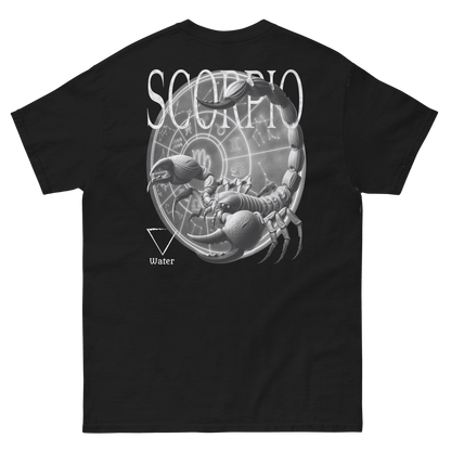 unisex t-shirt featuring a large scorpion graphic with astrological symbols on the back and a smaller scorpion emblem on the front.