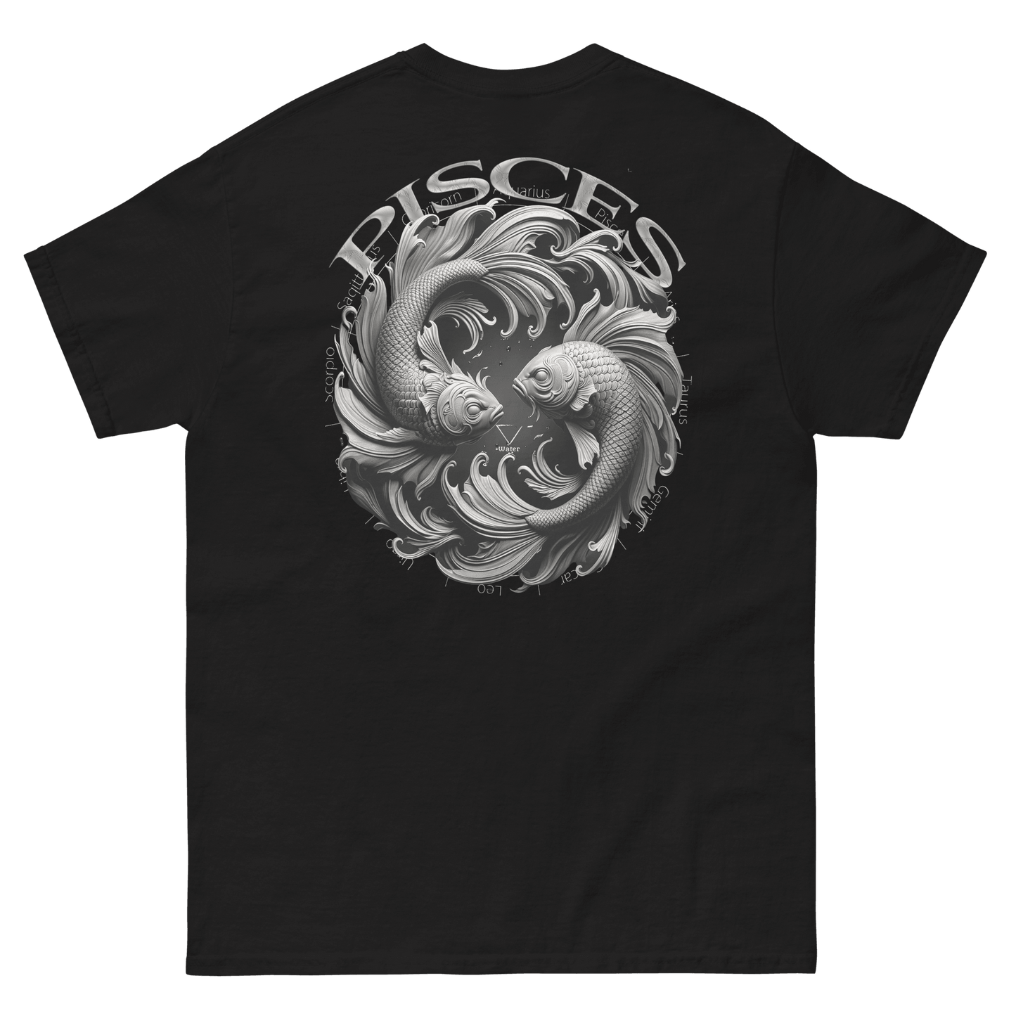 Black unisex t-shirt featuring a detailed graphic of two Pisces fish swimming in a circle with astrological symbols on the back.