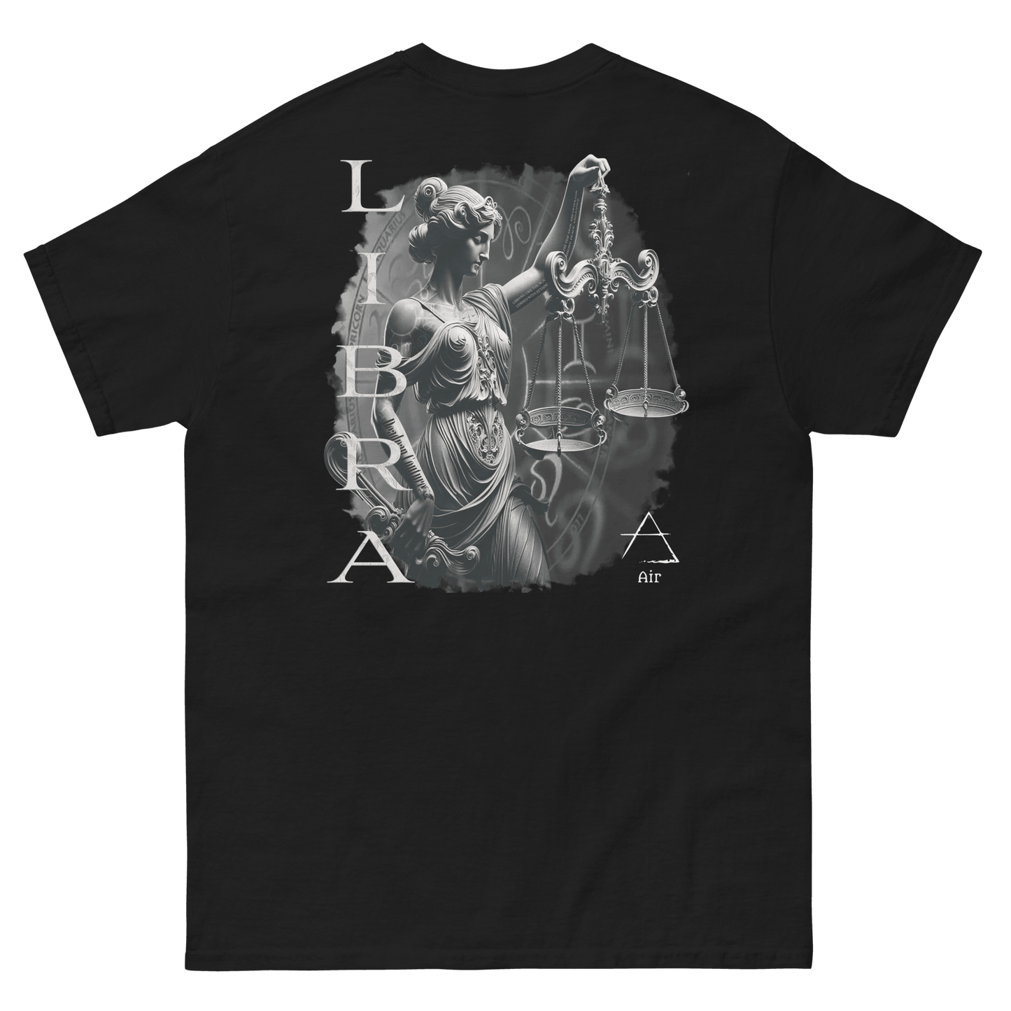 unisex t-shirt featuring a detailed graphic of Lady Justice holding scales, representing the Libra zodiac sign.