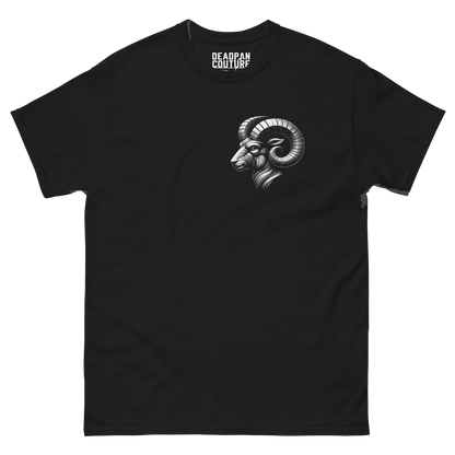 Black t-shirt featuring a minimalist Aries ram graphic on the front, designed with intricate baroque elements, showcasing Deadpan Couture's edgy streetwear style.
