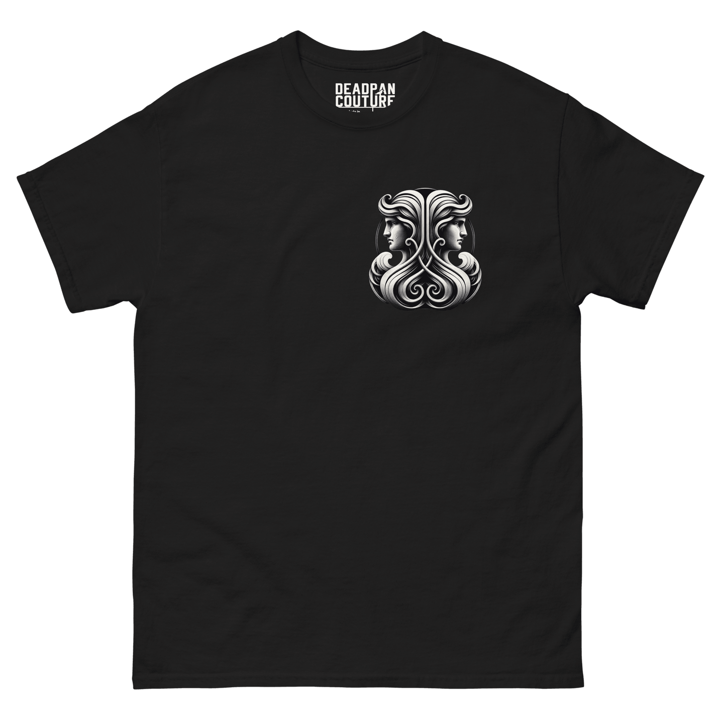 Black t-shirt featuring a minimalist Gemini twin graphic on the left chest, designed with intricate baroque elements, showcasing Deadpan Couture's edgy streetwear style.