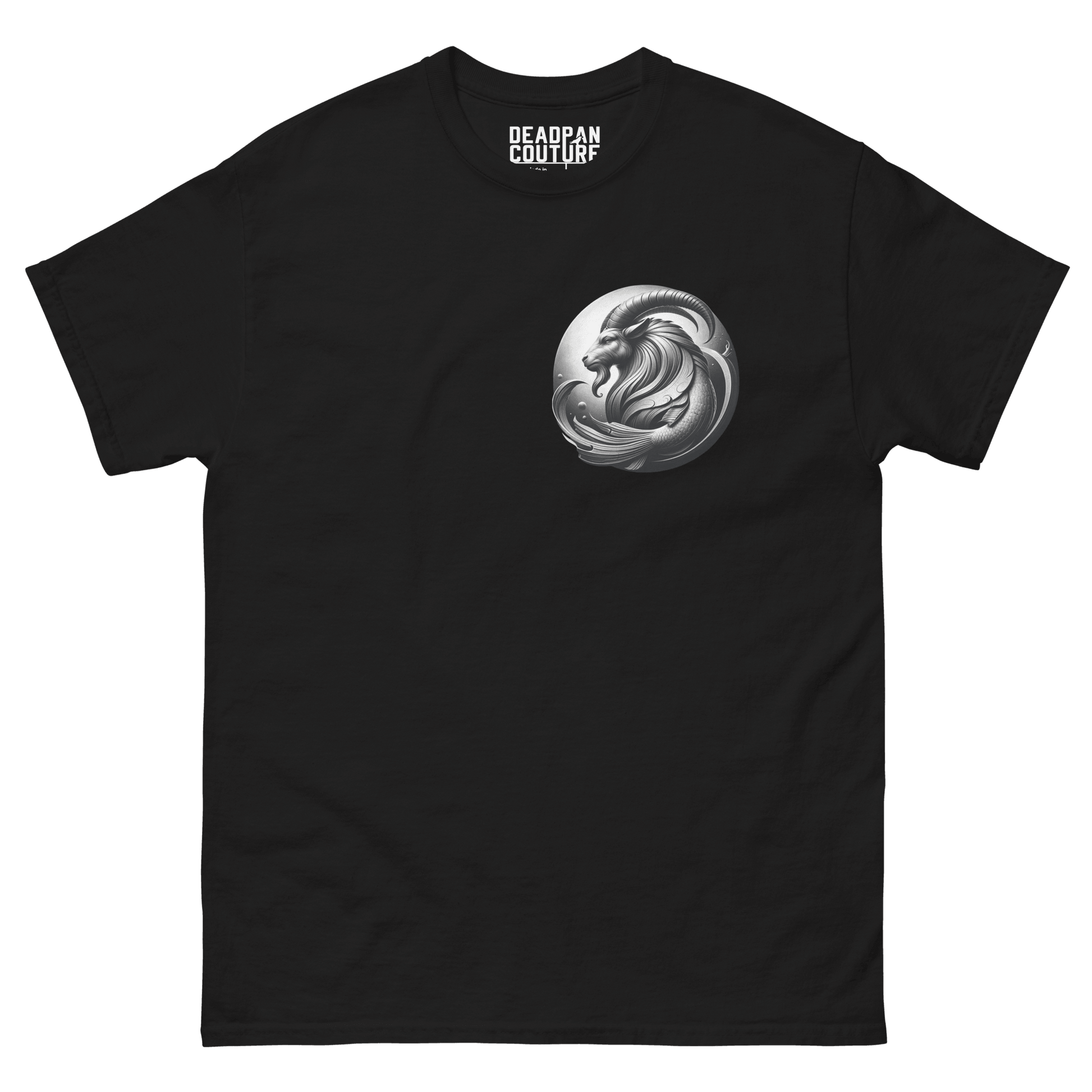 Black t-shirt with a minimalist Capricorn emblem on the front.