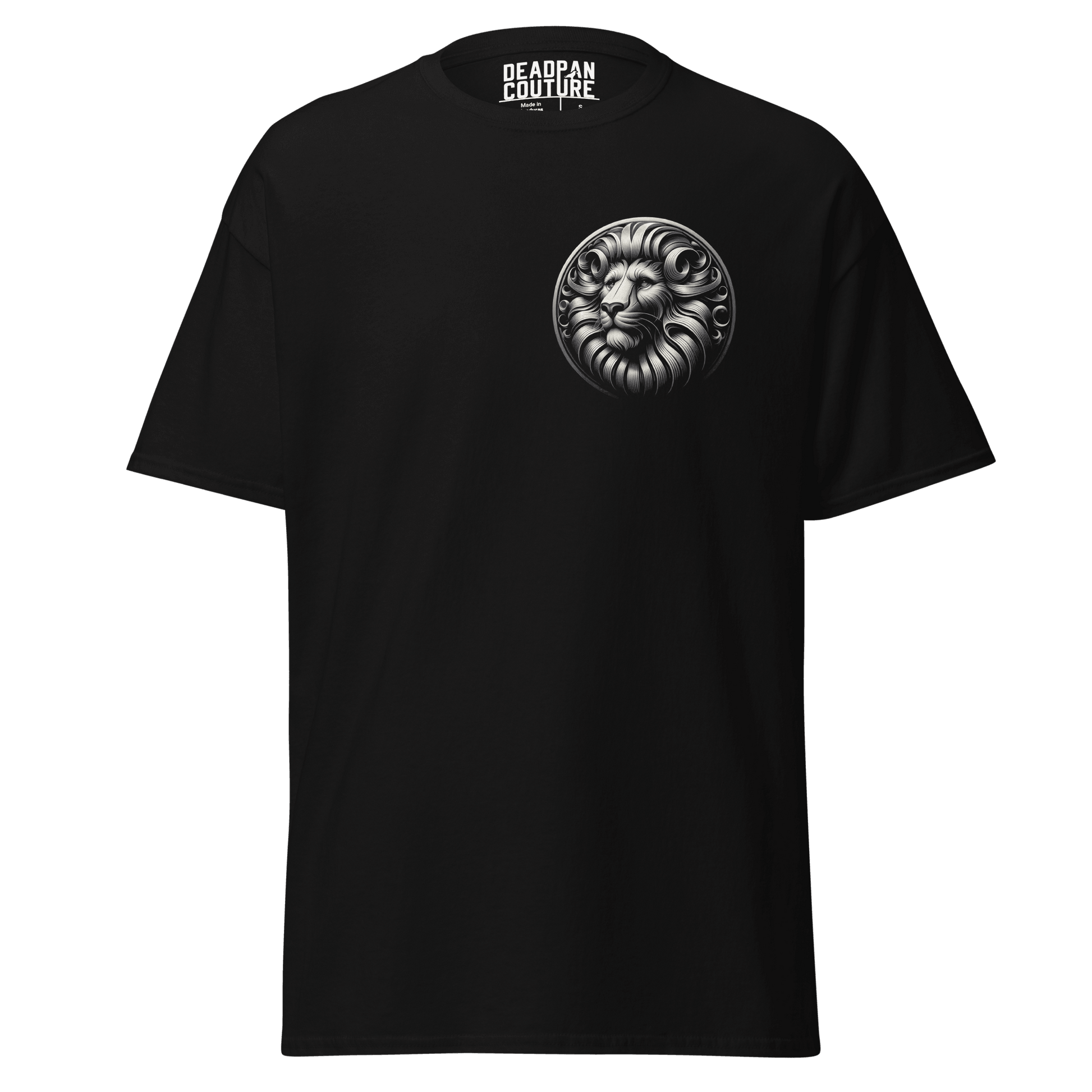 Front view of men's classic tee with minimalist Leo zodiac lion emblem in black