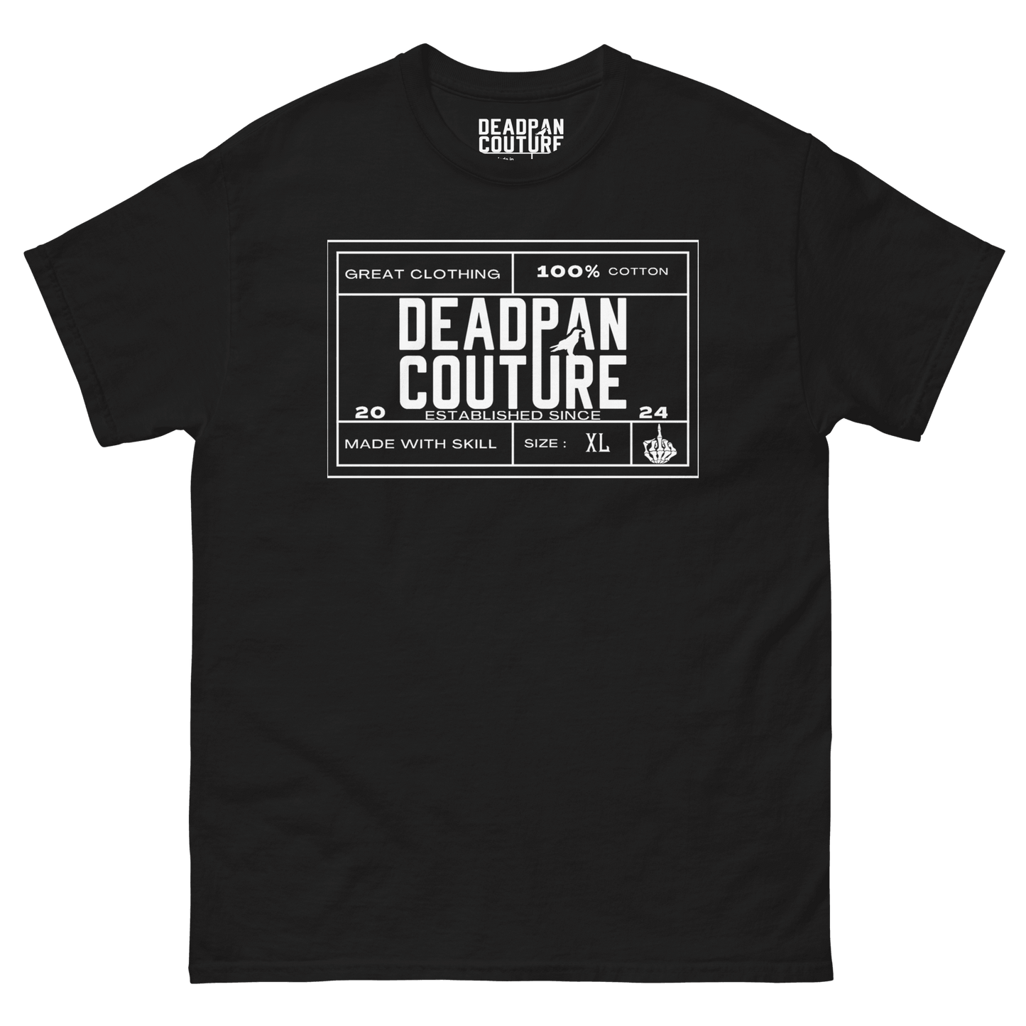 ront view of Deadpan Couture Men's Classic Tee with minimalist logo in black.