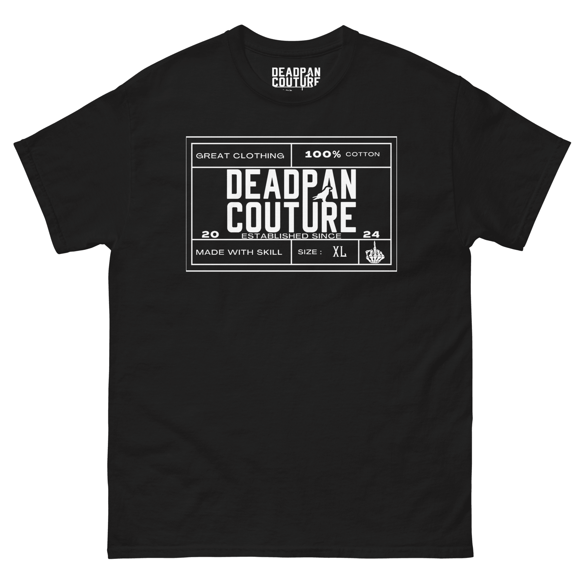 ront view of Deadpan Couture Men's Classic Tee with minimalist logo in black.