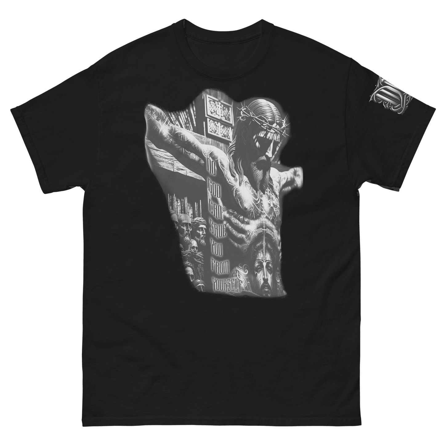 Black t-shirt with bold graphic of Jesus and urban elements, featuring the text 'No God can save you from yourself.