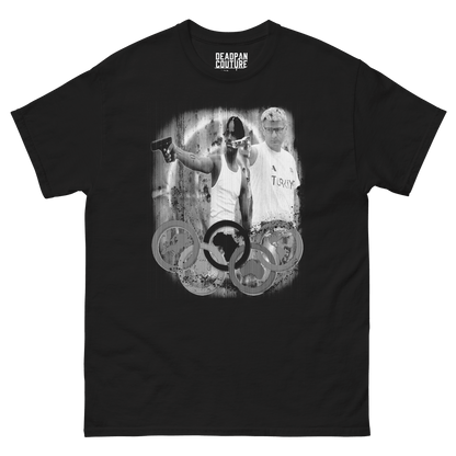 Black unisex t-shirt featuring a provocative graphic of an athlete raising a gun, overlaid with Olympic rings.