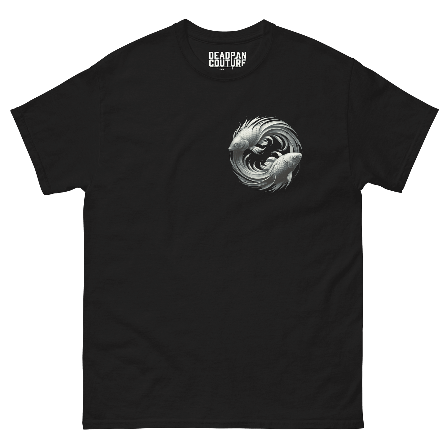 A black Deadpan Couture classic t-shirt featuring a detailed design on the front. The design displays two stylized fish swimming in a circular motion, symbolizing the Pisces zodiac sign. The intricate, monochrome fish graphic stands out against the dark fabric, emphasizing the shirt's urban and mystical aesthetic.