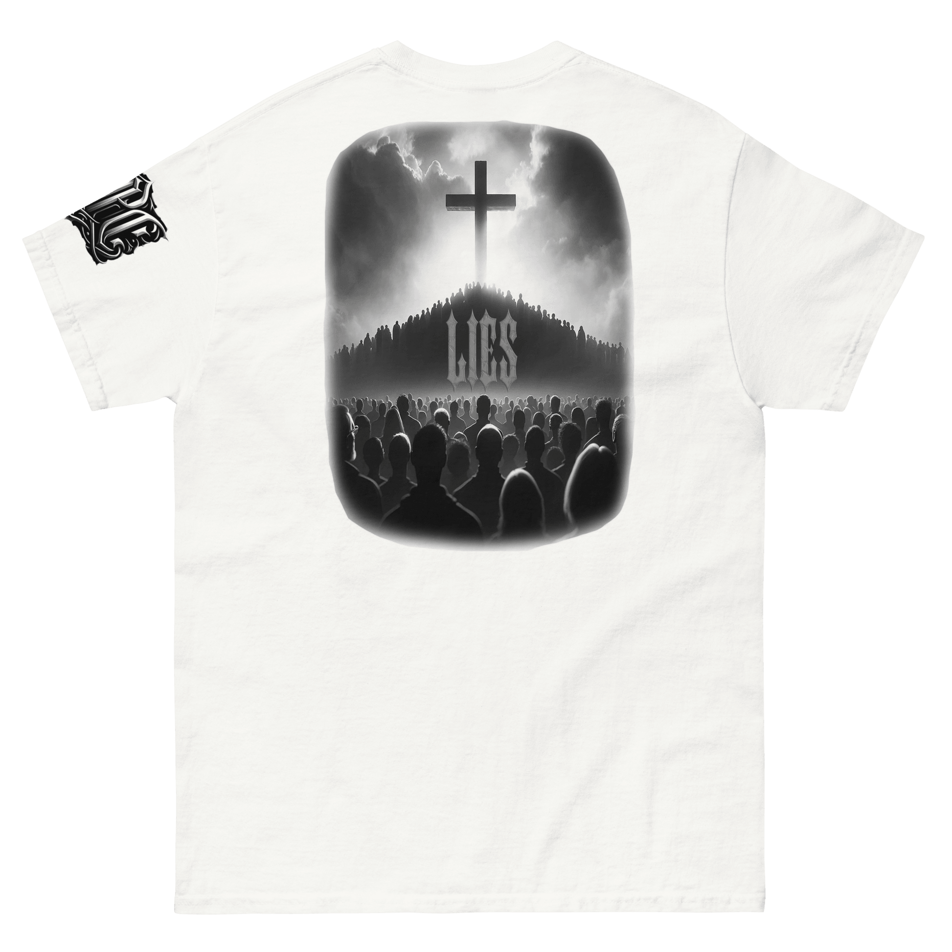 Deadpan Couture white t-shirt featuring a graphic of a crowd under a cross with the word 'Lies' in gothic lettering, perfect for edgy streetwear fashion.