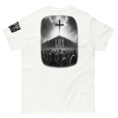 Deadpan Couture white t-shirt featuring a graphic of a crowd under a cross with the word 'Lies' in gothic lettering, perfect for edgy streetwear fashion.