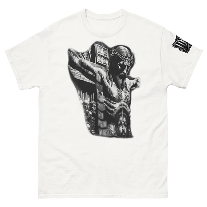 White t-shirt with bold graphic of Jesus and urban elements, featuring the text 'No God can save you from yourself.