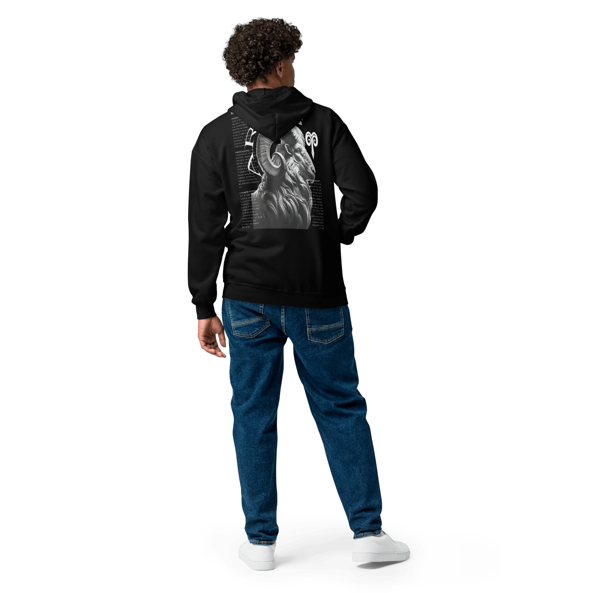 Black zip-up hoodie featuring a detailed Aries ram graphic on the back, surrounded by the defining traits of the Aries zodiac sign, showcasing Deadpan Couture's edgy streetwear style.