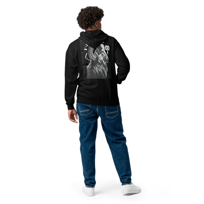 Black zip-up hoodie featuring a detailed Aries ram graphic on the back, surrounded by the defining traits of the Aries zodiac sign, showcasing Deadpan Couture's edgy streetwear style.