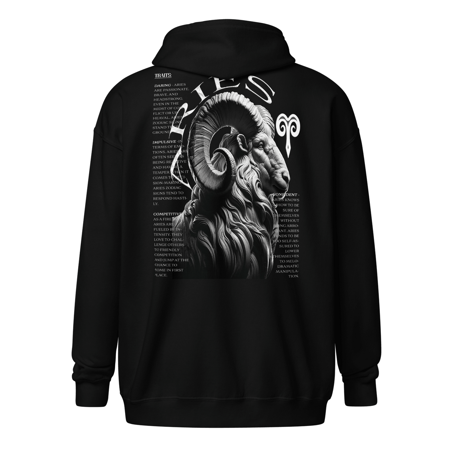 Black zip-up hoodie featuring a detailed Aries ram graphic on the back, surrounded by the defining traits of the Aries zodiac sign, showcasing Deadpan Couture's edgy streetwear style.