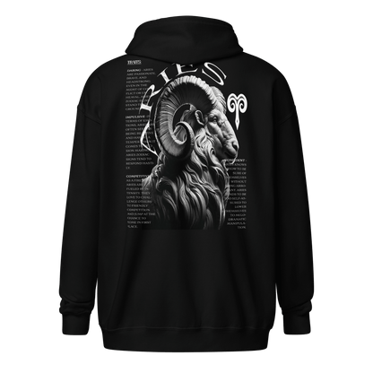 Black zip-up hoodie featuring a detailed Aries ram graphic on the back, surrounded by the defining traits of the Aries zodiac sign, showcasing Deadpan Couture's edgy streetwear style.