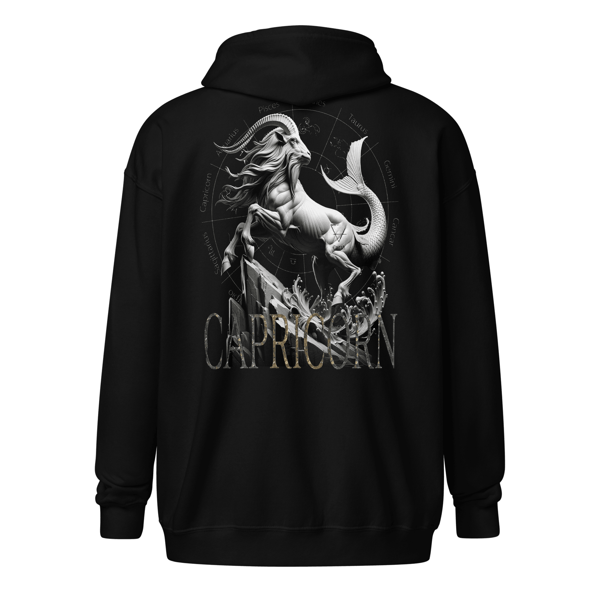 Unisex black hoodie with a striking Capricorn zodiac design on the back, featuring a majestic goat with a fishtail, surrounded by astrological symbols and the text 'Capricorn