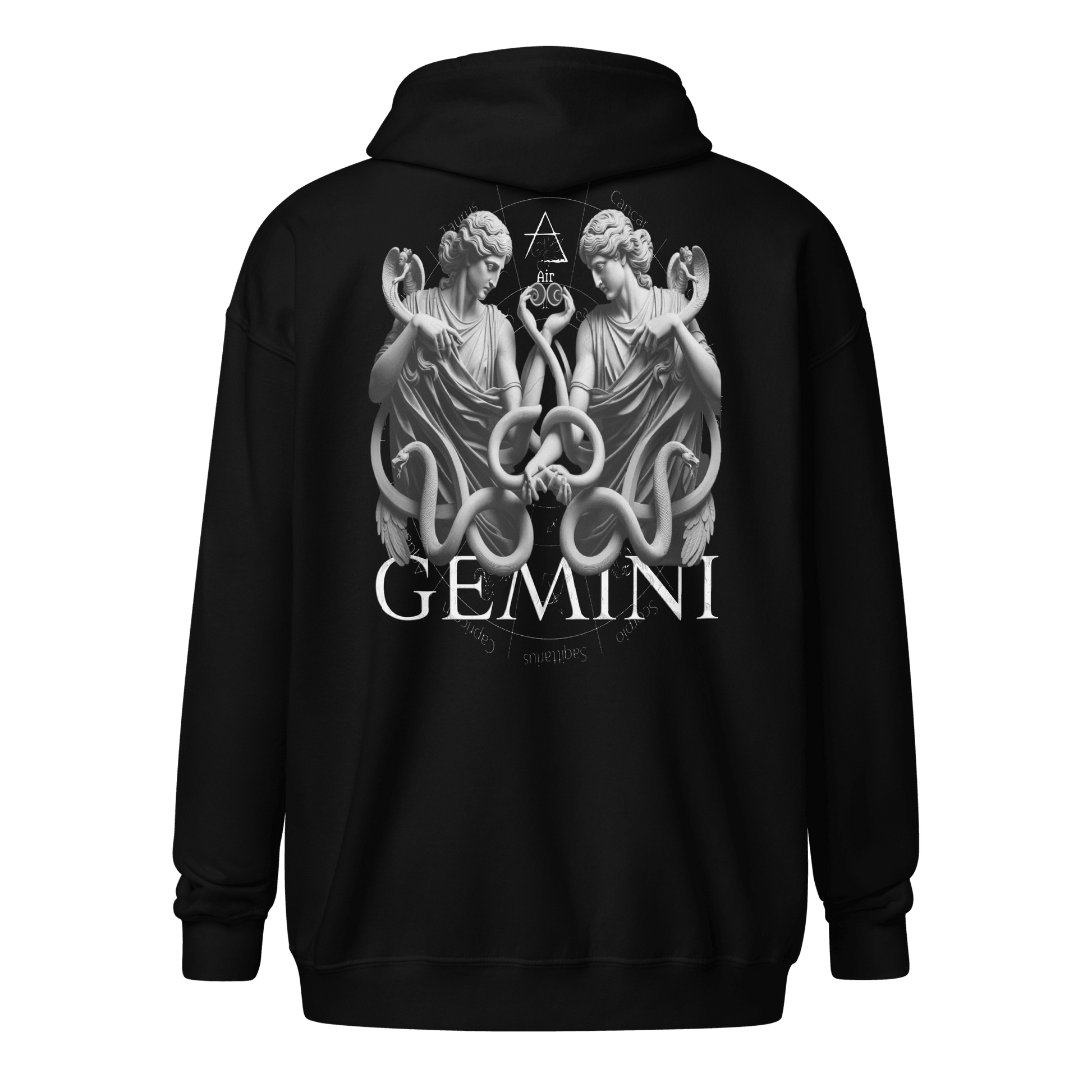 Black zip hoodie with intricate Gemini twins design on the back, featuring serpentine shapes and the zodiac wheel backdrop.