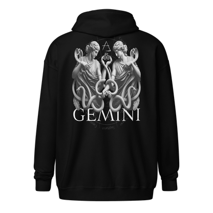 Black zip hoodie with intricate Gemini twins design on the back, featuring serpentine shapes and the zodiac wheel backdrop.