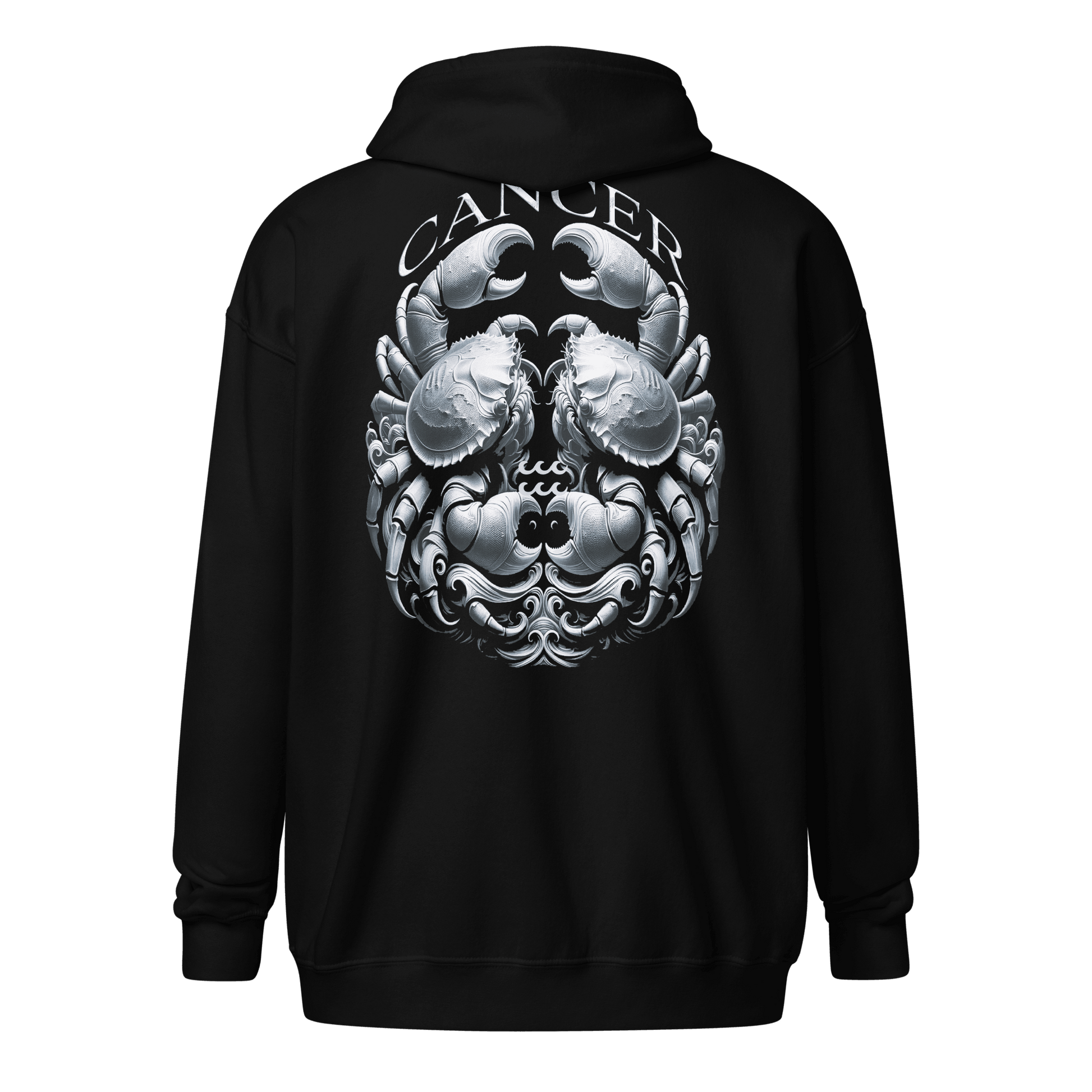 Black zip-up hoodie featuring an intricately designed, detailed illustration of a crab representing the Cancer zodiac sign on the back. The design is bold and elaborate, capturing the essence of the Cancer sign's deep emotional and intuitive nature. The hoodie includes a full-length metal zipper, ribbed cuffs and waistband, spacious front pockets, and a hood with drawstrings.