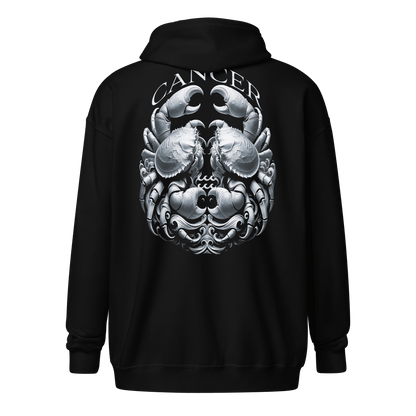 Black zip-up hoodie featuring an intricately designed, detailed illustration of a crab representing the Cancer zodiac sign on the back. The design is bold and elaborate, capturing the essence of the Cancer sign's deep emotional and intuitive nature. The hoodie includes a full-length metal zipper, ribbed cuffs and waistband, spacious front pockets, and a hood with drawstrings.