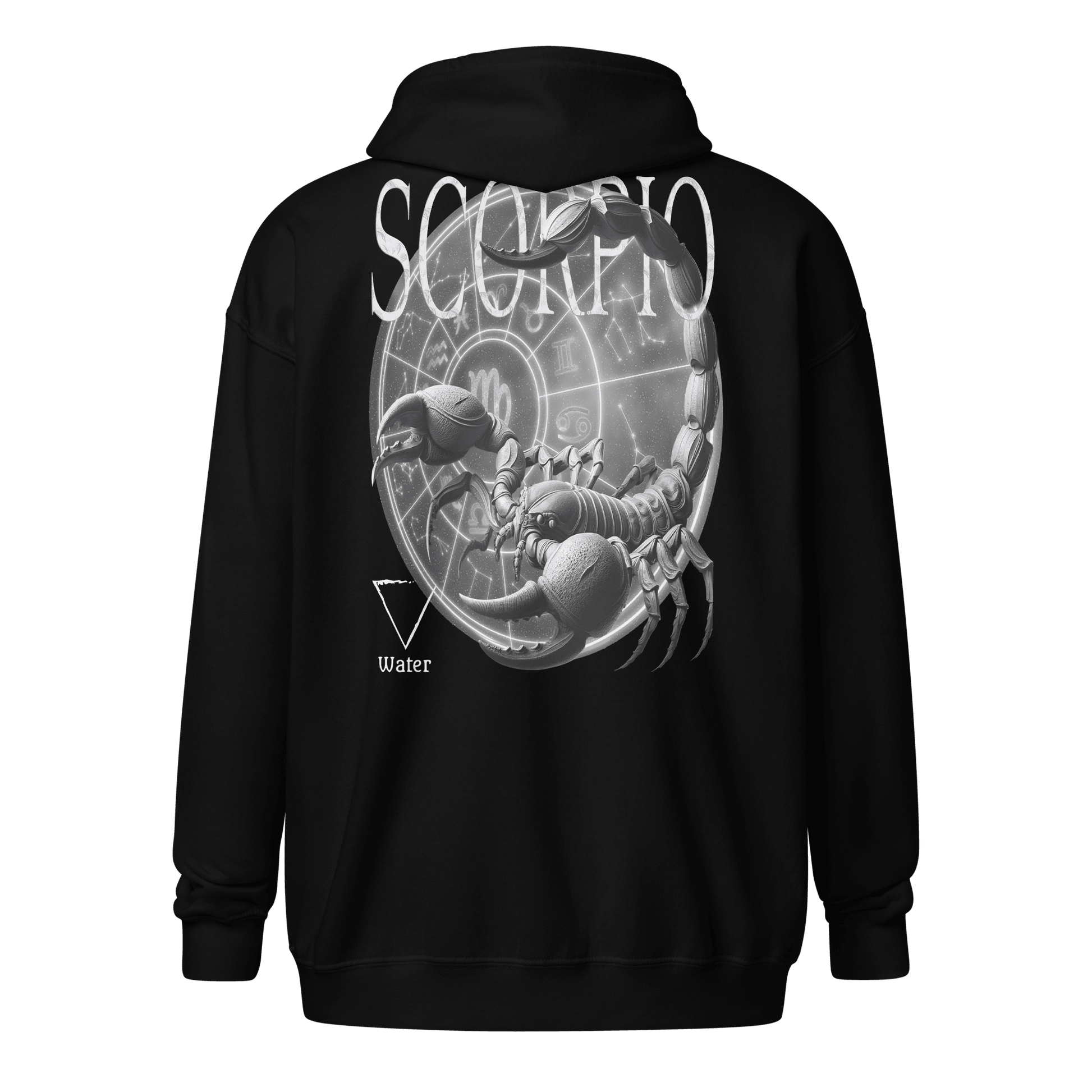  Black unisex zip hoodie featuring a large scorpion graphic with astrological symbols on the back.