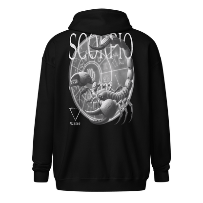  Black unisex zip hoodie featuring a large scorpion graphic with astrological symbols on the back.