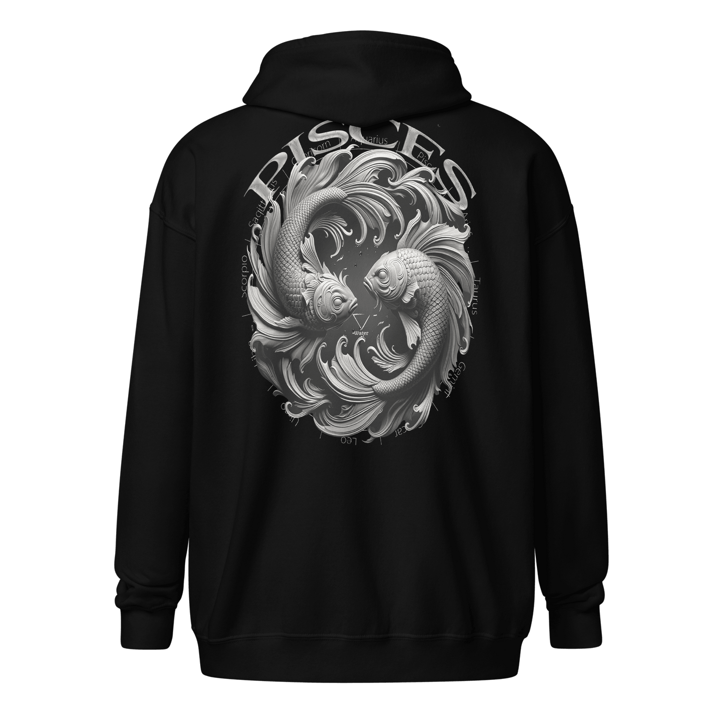 Black unisex zip hoodie featuring a large Pisces fish graphic with astrological symbols on the back.