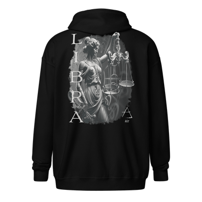 unisex zip hoodie featuring a detailed graphic of Lady Justice holding scales, representing the Libra zodiac sign.