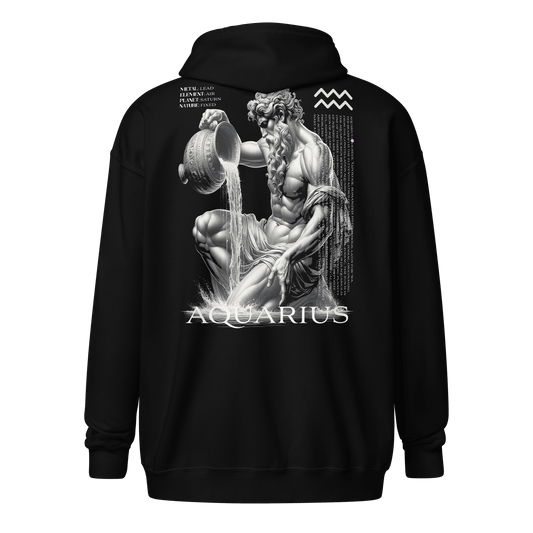 Black unisex zip hoodie featuring a large Water Bearer graphic with astrological symbols, representing the Aquarius zodiac sign.