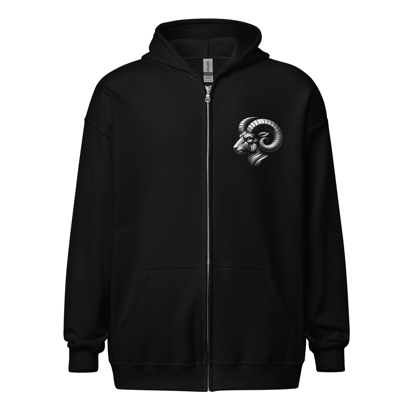 Black zip-up hoodie featuring a minimalist Aries ram graphic on the left chest, designed with intricate baroque elements, showcasing Deadpan Couture's edgy streetwear style.