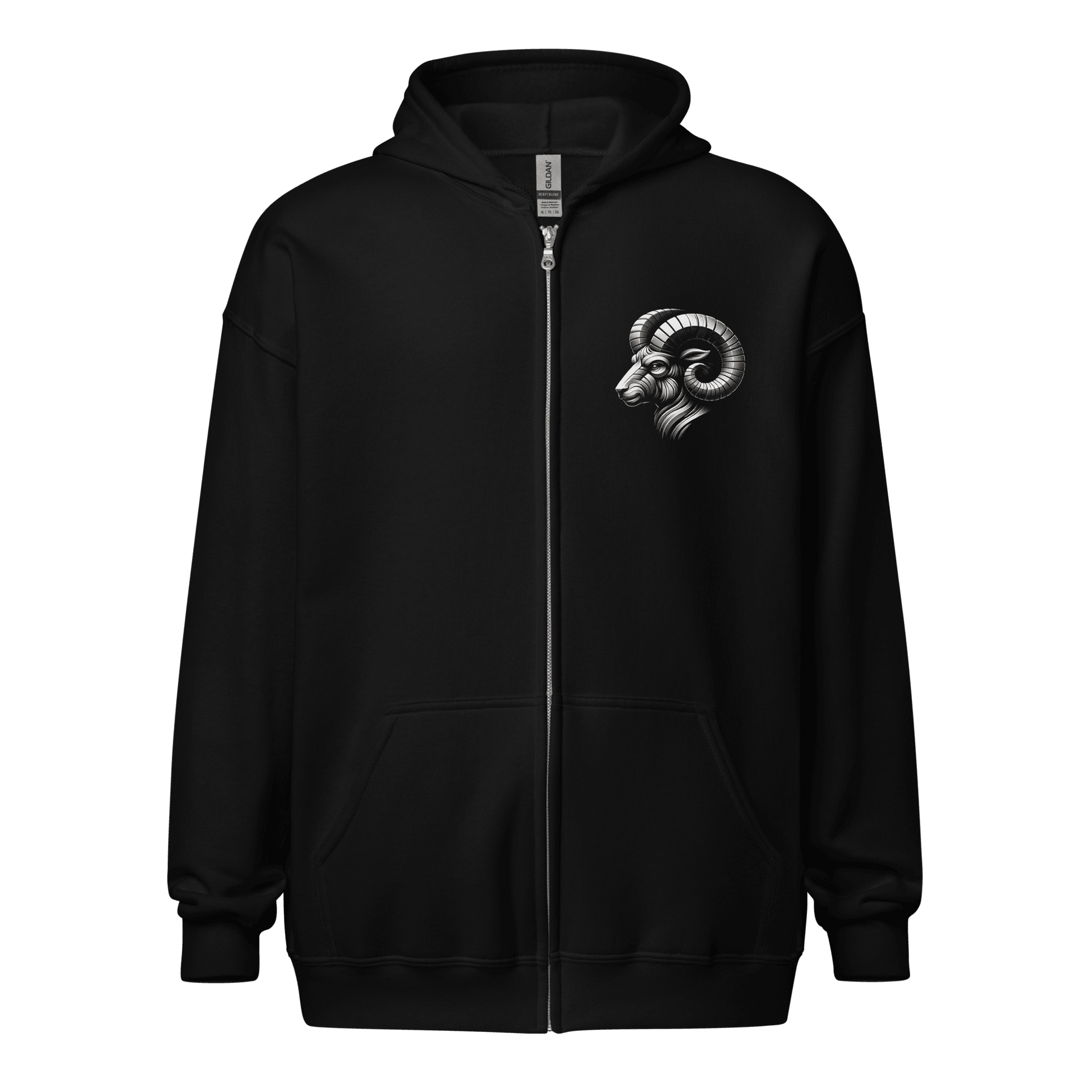 Black zip-up hoodie featuring a minimalist Aries ram graphic on the left chest, designed with intricate baroque elements, showcasing Deadpan Couture's edgy streetwear style.