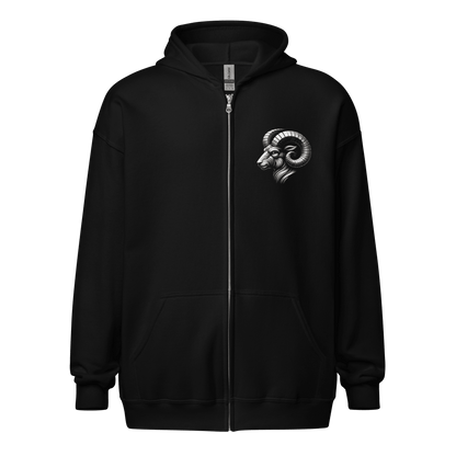 Black zip-up hoodie featuring a minimalist Aries ram graphic on the left chest, designed with intricate baroque elements, showcasing Deadpan Couture's edgy streetwear style.