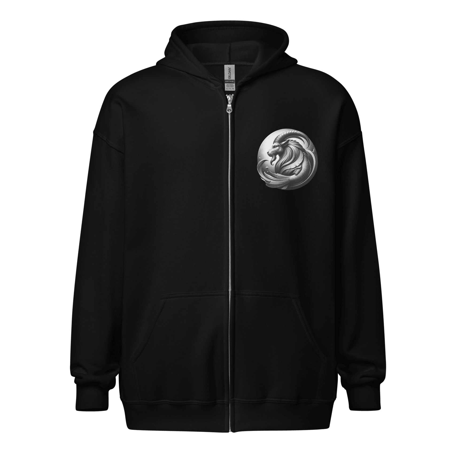 Unisex black zip hoodie with a detailed Capricorn emblem on the front and a striking Capricorn zodiac design on the back, featuring a majestic goat with a fishtail, surrounded by astrological symbols and the text 'Capricorn