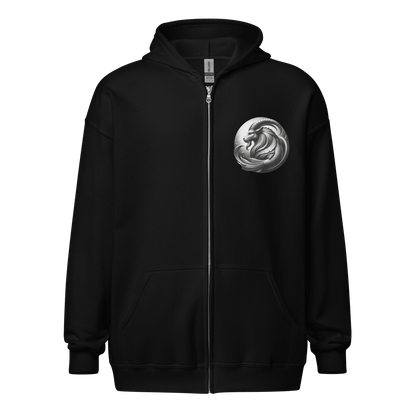 Unisex black zip hoodie with a detailed Capricorn emblem on the front and a striking Capricorn zodiac design on the back, featuring a majestic goat with a fishtail, surrounded by astrological symbols and the text 'Capricorn