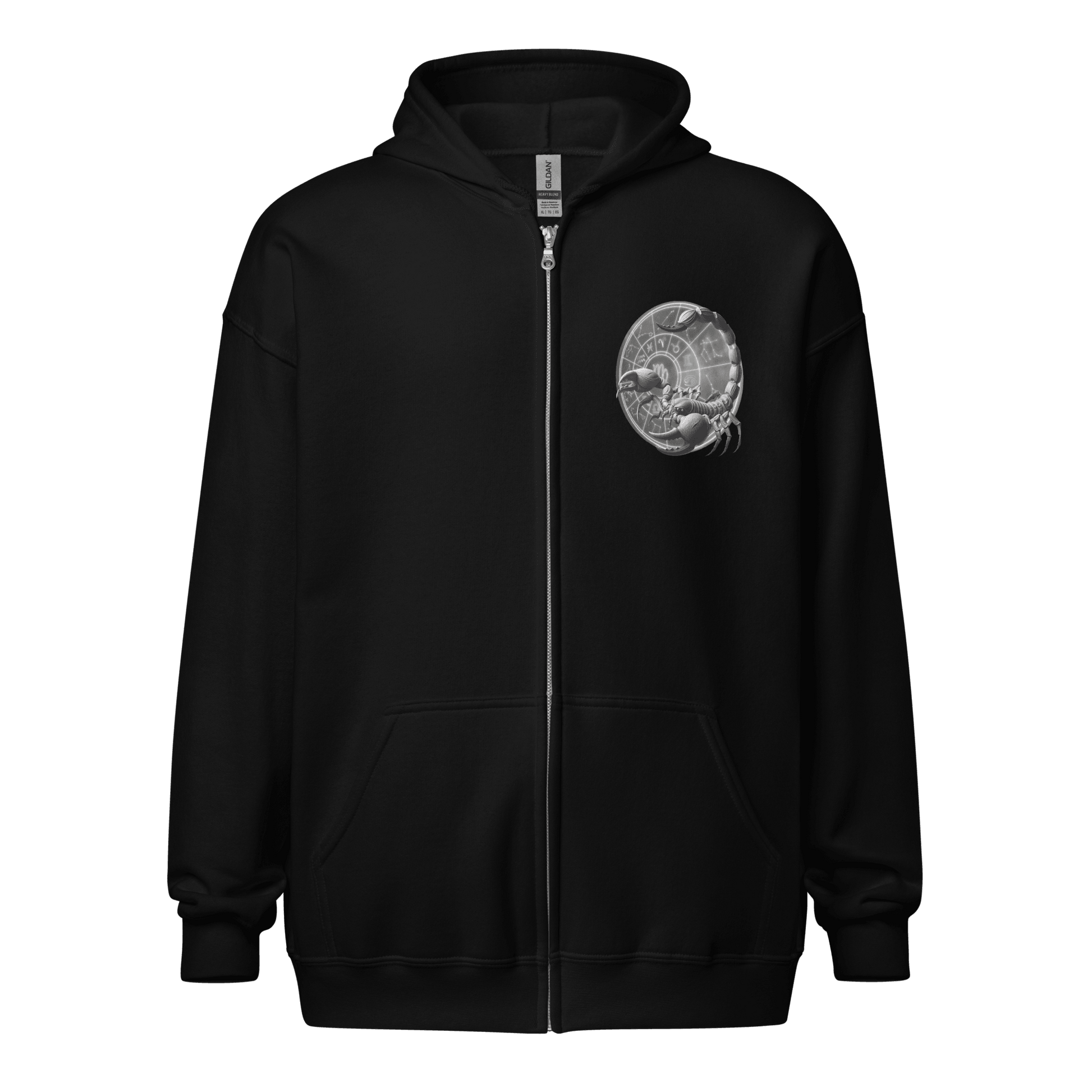 A close-up of the black Deadpan Couture zip-up hoodie, showcasing the front design. The left chest features a detailed monochrome illustration of a scorpion within a circular astrological chart, emphasizing the Scorpio theme.