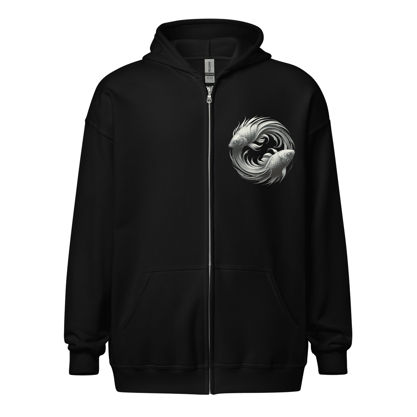  A close-up of the black Deadpan Couture zip-up hoodie, displaying the front design. The left chest area features a detailed monochrome illustration of two stylized fish swimming in a circular pattern, symbolizing the Pisces zodiac sign. The design is minimalist yet impactful, standing out against the dark fabric.