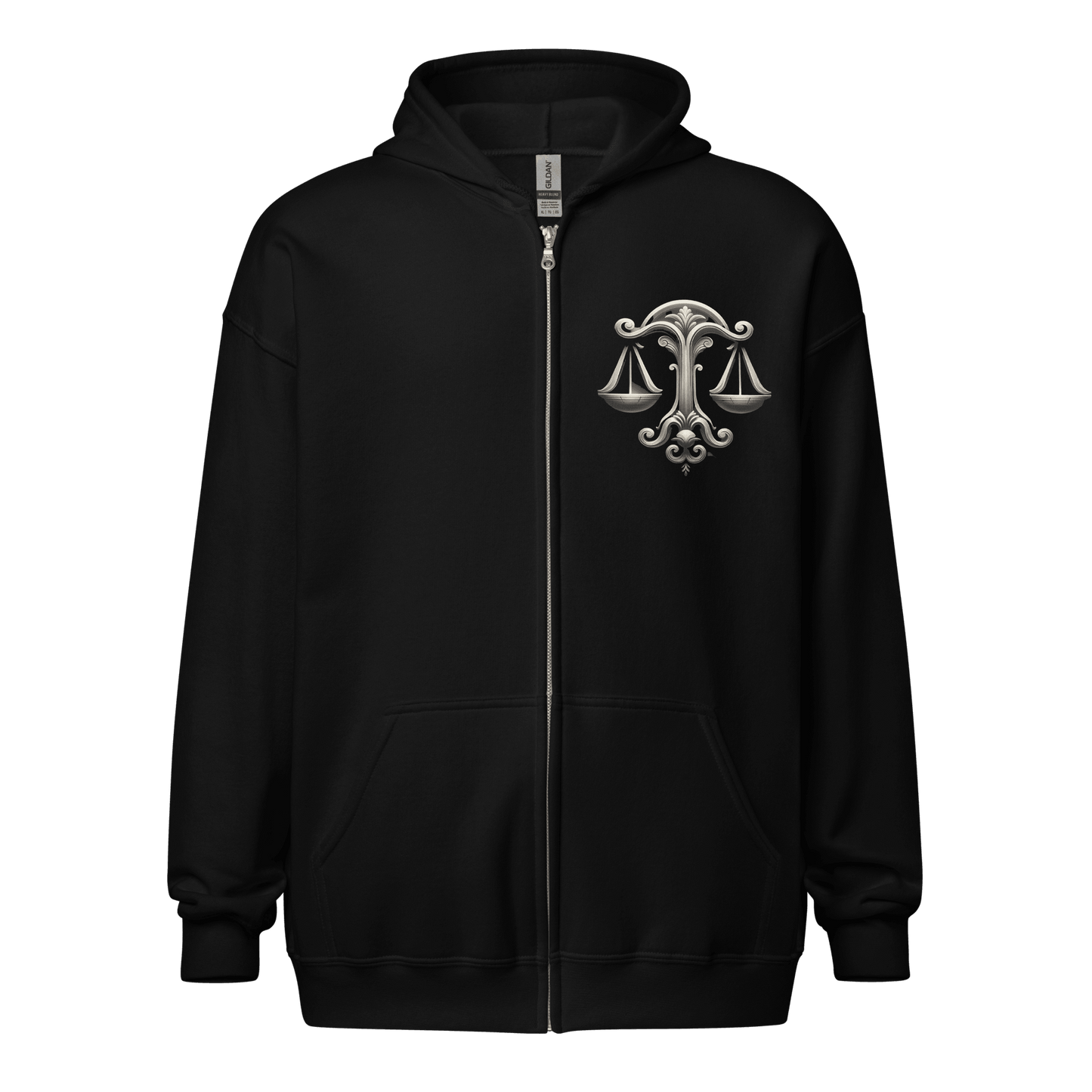  black, zip-up hoodie featuring a zodiac-themed design on the front. This design seems to be linked to Aquarius, with a stylized water-bearer symbol on the chest.