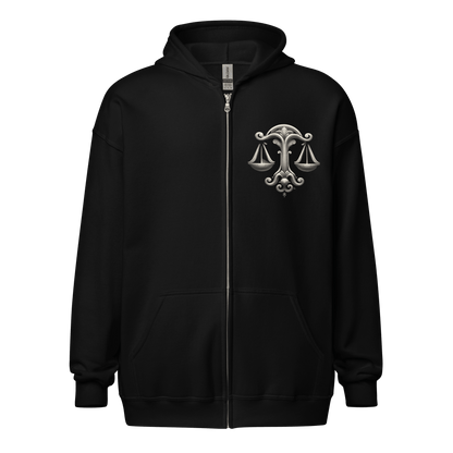  black, zip-up hoodie featuring a zodiac-themed design on the front. This design seems to be linked to Aquarius, with a stylized water-bearer symbol on the chest.