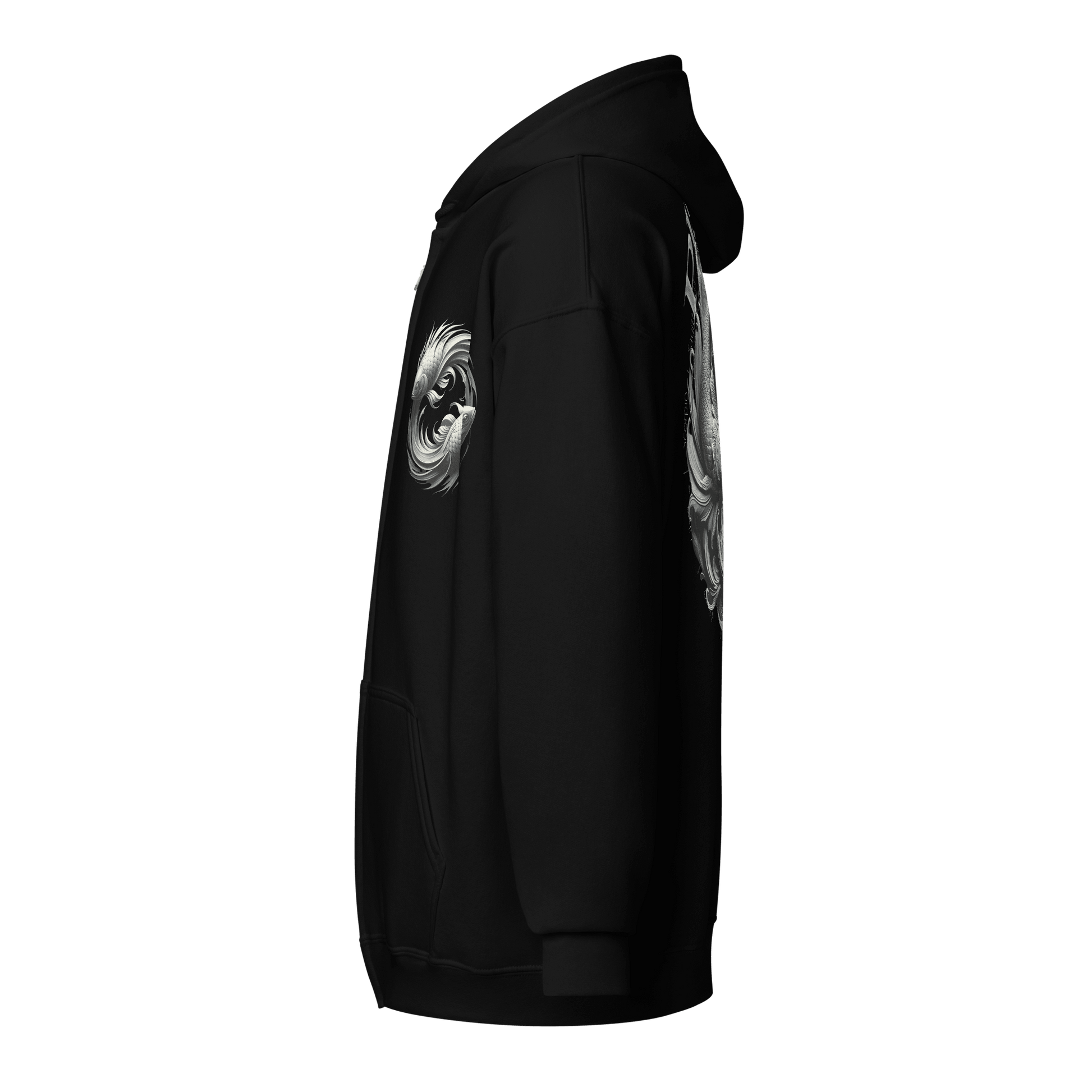 A side view of a black Deadpan Couture zip-up hoodie, focusing on the left side. The small, detailed Pisces graphic on the left chest, featuring two stylized fish swimming in a circular pattern, is clearly visible. The back design, which also includes the Pisces fish graphic, is partially visible from this angle. The hoodie has a relaxed fit and clean lines, highlighting both the front and back designs.