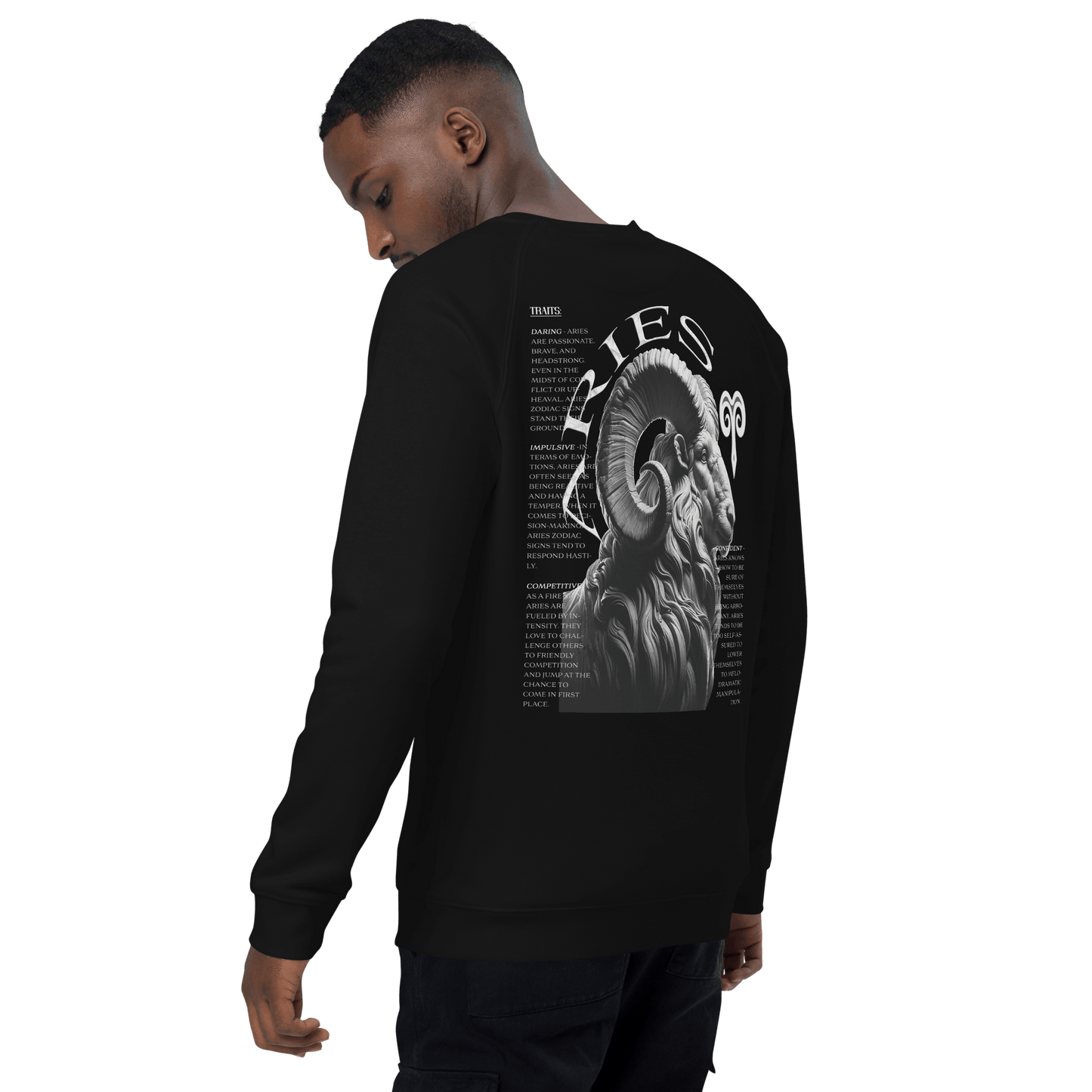 Black sweatshirt featuring a detailed Aries ram graphic on the back, surrounded by the defining traits of the Aries zodiac sign, showcasing Deadpan Couture's edgy streetwear style.