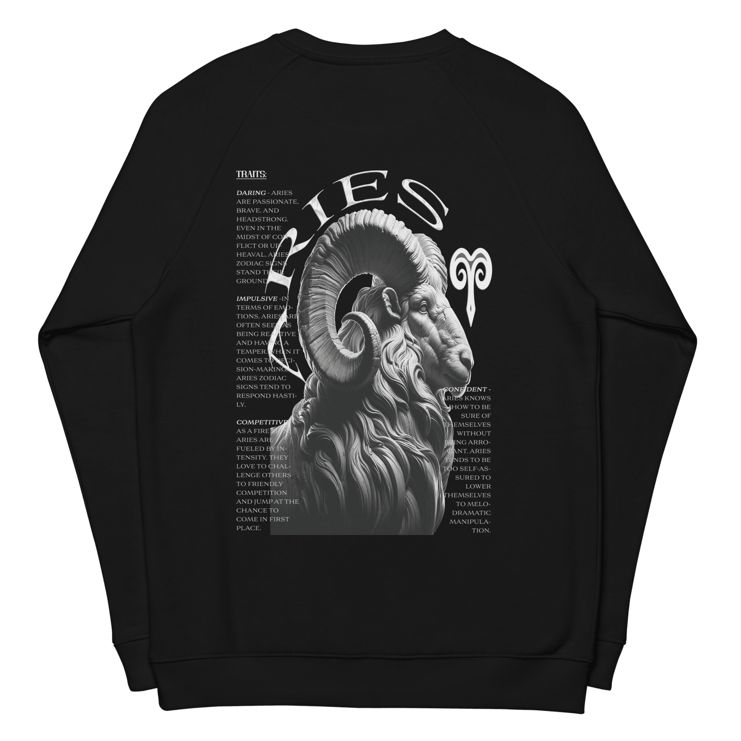 Black sweatshirt featuring a detailed Aries ram graphic on the back, surrounded by the defining traits of the Aries zodiac sign, showcasing Deadpan Couture's edgy streetwear style.