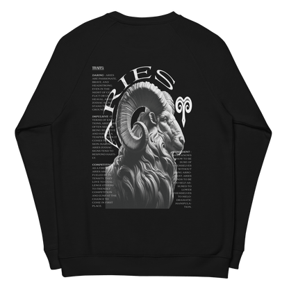 Black sweatshirt featuring a detailed Aries ram graphic on the back, surrounded by the defining traits of the Aries zodiac sign, showcasing Deadpan Couture's edgy streetwear style.